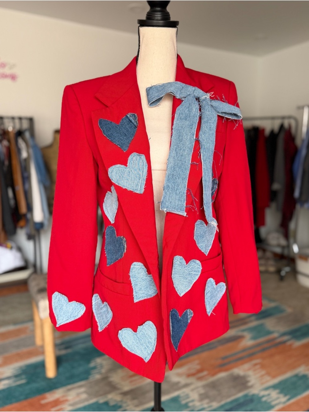 Upcycled Vintage Red Wool Blazer with Denim Hearts - Made in USA